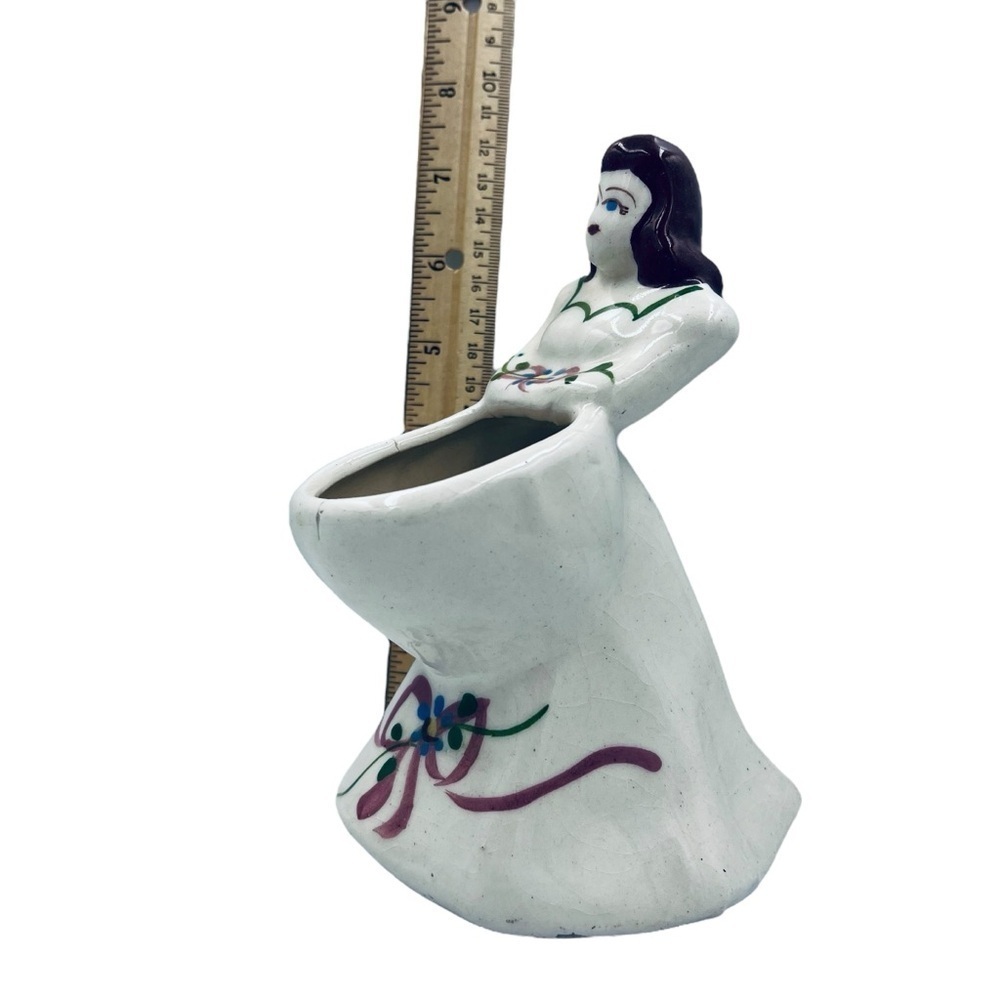 Vintage Lady Planter Brunette Hand-Painted Ceramic Retro Kitsch Crazing - Picture 8 of 16